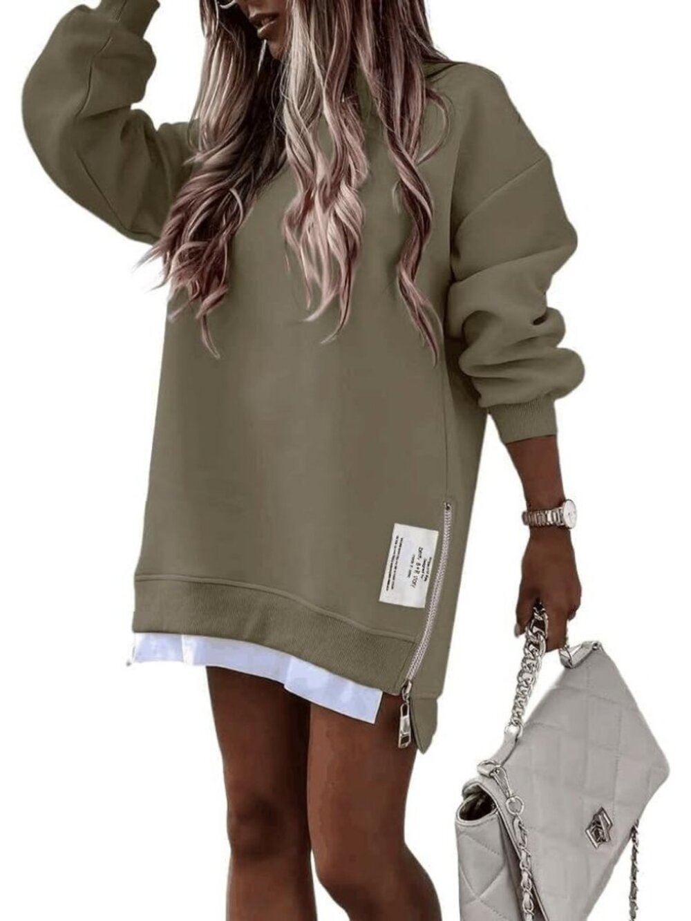 Women's Army Green Side Zipper Slit Pullover Top Oversized Crewneck Sweatshirts